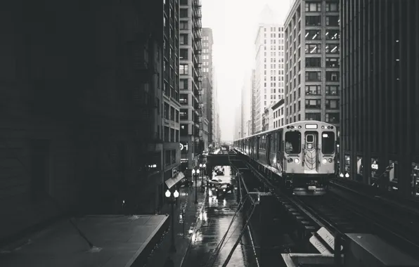 The city, train, black and white photo