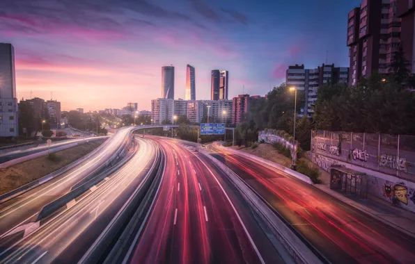 Road, light, the city, lights, the evening, morning, excerpt, Spain