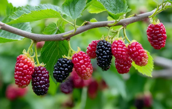Greens, summer, leaves, berries, branch, garden, fruit, mulberry