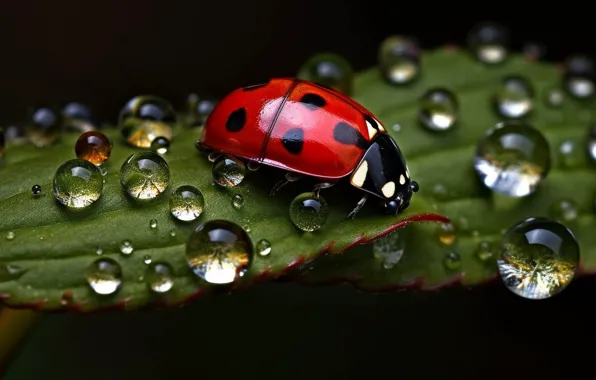 Drops, macro, ladybug, beetle, AI art, neural network