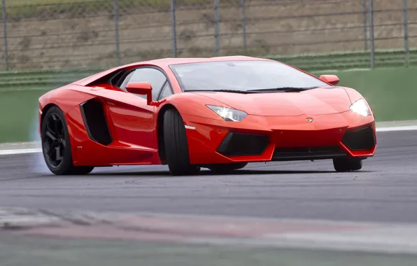 Picture red, movement, turn, red, drift, lamborghini, Lamborghini, aventador