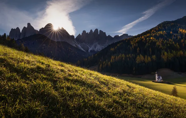 Forest, mountains, Alps, Church