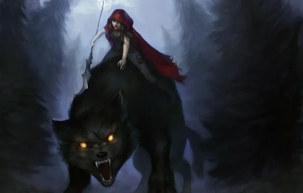 Picture forest, look, girl, trees, night, wolf, little red riding hood, art