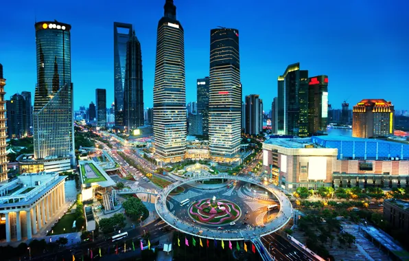 Road, lights, street, home, skyscrapers, the evening, China, Shanghai