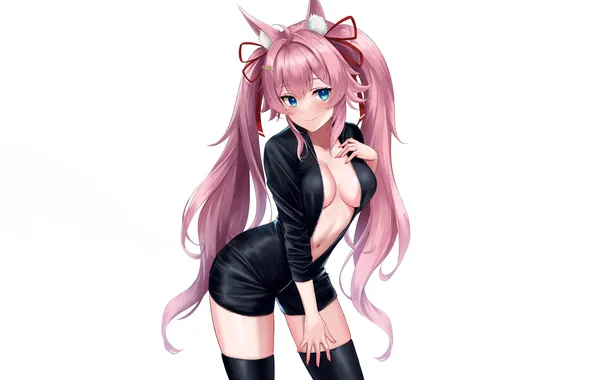 Girl, sexy, cleavage, thighhighs, pink hair, long hair, boobs, animal ears