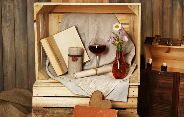 Flowers, wine, candles, still life