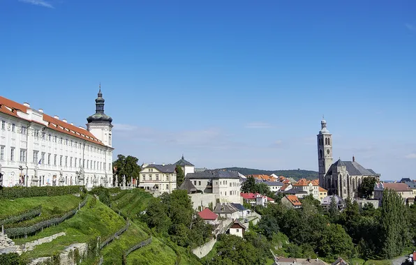 Picture the sky, trees, landscape, open, tower, home, Czech Republic, Kutná Hora