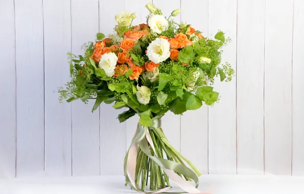 Greens, roses, bouquet, eustoma