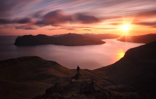 Picture clouds, sunset, mountains, people, view, haze, male, Iceland