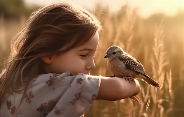 Field, light, childhood, face, bird, child, hand, art