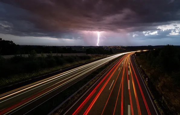 Picture road, lights, lightning