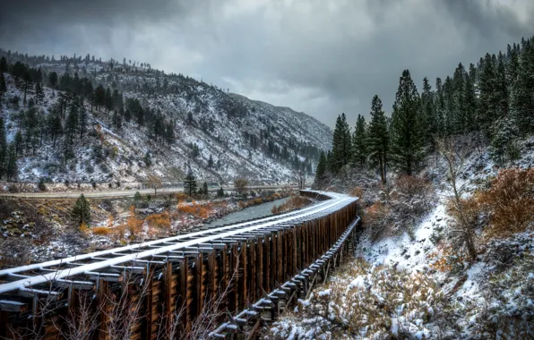 Road, autumn, snow, trees, mountains, river, rails
