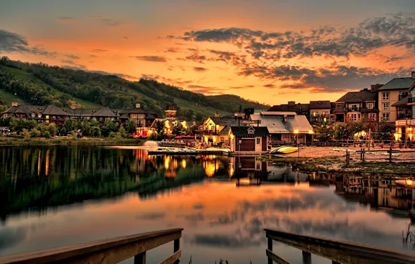 Picture sunset, lights, lake, mountain, the evening, slope, the village