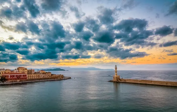 Sea, clouds, sunset, lighthouse, home, panorama, Greece