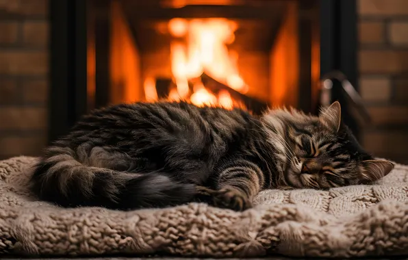 Cat, cat, pose, grey, room, fire, flame, sleep