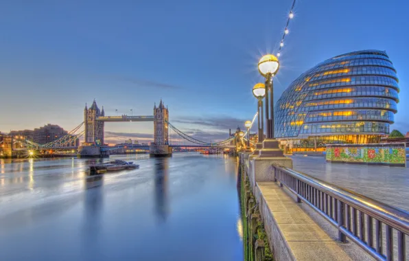 River, England, London, lights, Thames, Tower bridge, promenade, Tower Bridge