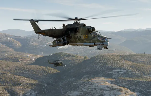 Mountains, flight, helicopters, Mi-24P