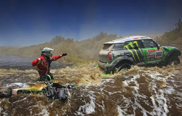 Picture green, Water, River, Motorcycle, Racer, Mini Cooper, Rally, Dakar
