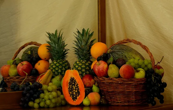 Reflection, table, apples, oranges, mirror, grapes, fabric, fruit