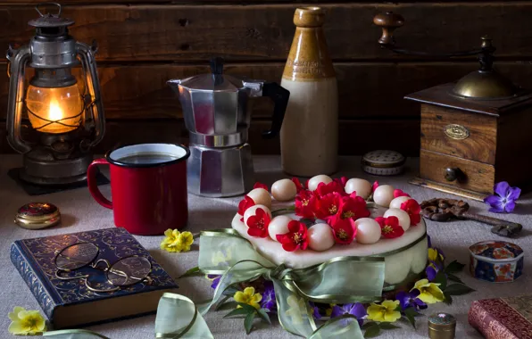 Picture flowers, style, bottle, lamp, coffee, key, glasses, Easter