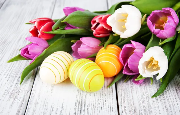 Flowers, eggs, colorful, Easter, tulips, happy, wood, pink