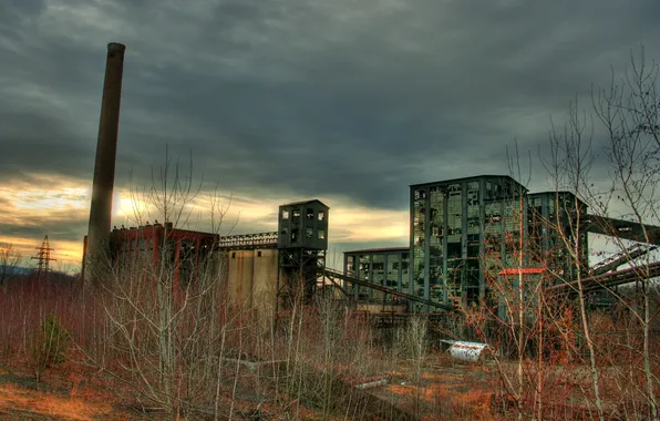 Picture clouds, an abandoned coal plant, architecture, Pennsylvania, Ashley, the sky, grass, USA