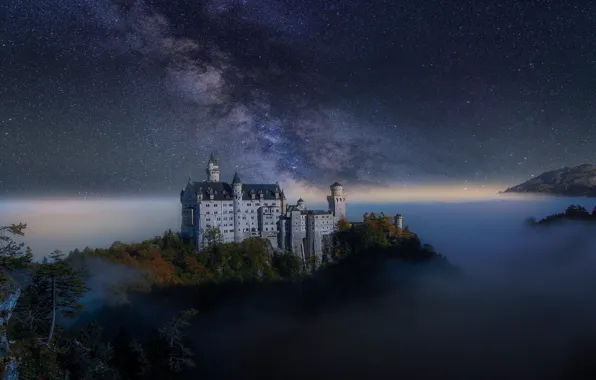 Picture autumn, the sky, stars, night, fog, castle, Germany, the milky way