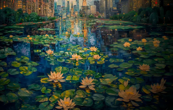 Flowers, the city, lake, pond, reflection, shore, building, home