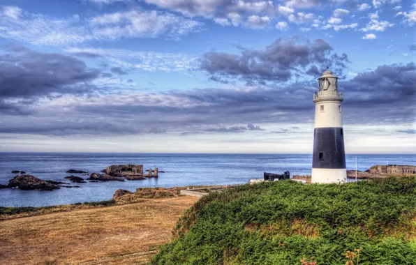 Sea, the sky, clouds, coast, lighthouse, island, England, sky