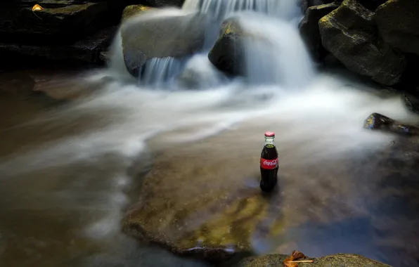 Landscape, waterfall, stream, Coca Cola