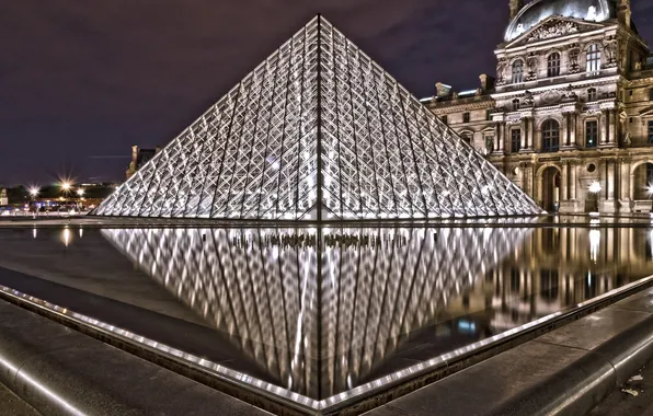 Picture night, the city, France, Paris, The Louvre, pyramid, Paris, Museum