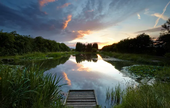 Landscape, sunset, bridge, lake