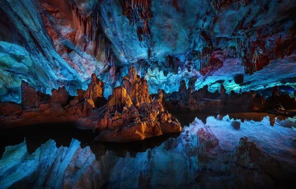 China, reflections, Guilin, Reed Flute Cave, Still Water