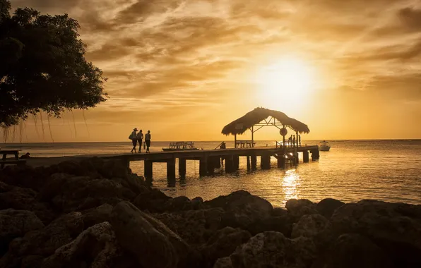 Sea, landscape, sunset, bridge