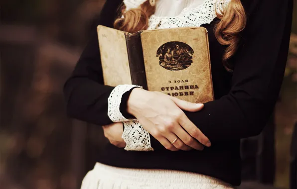 Picture girl, skirt, ring, blouse, book, braids, Emile Zola