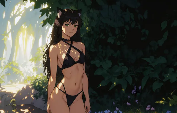 Girl, fantasy, green eyes, nature, anime, art, digital art, fantasy art