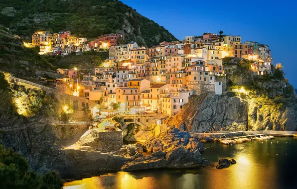 Sea, light, mountains, the city, lights, blue, rocks, shore