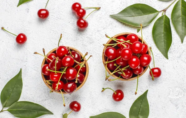 Leaves, cherry, berries, white background, placer, cherry, bowls, bowls