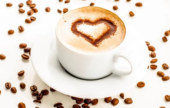 Picture foam, heart, figure, coffee, chocolate, grain, Cup, white