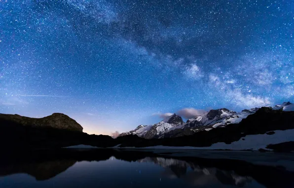 The sky, stars, mountains, night, lake, reflection