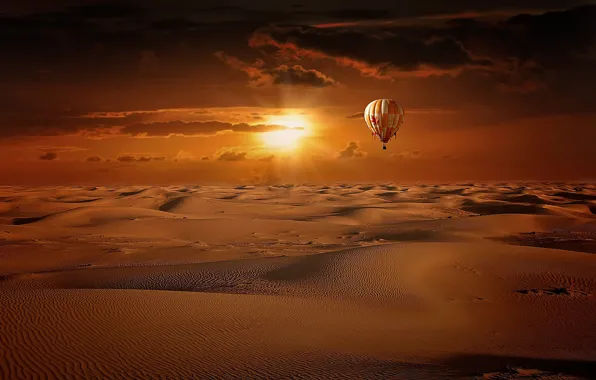 Sand, the sky, the sun, clouds, the dunes, balloon, sunrise, desert