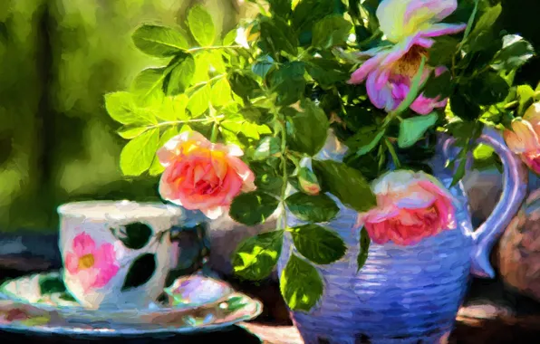 Light, roses, bouquet, picture, still life, painting