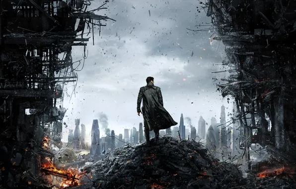 Picture the wreckage, the city, Star Trek, opening, Into Darkness, Khan, male coat