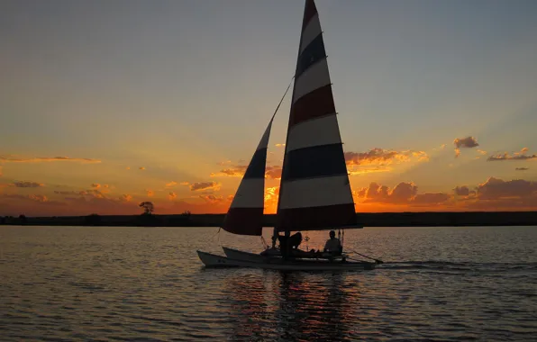 Sunset, people, coast, boat, the evening, CA, sails, walk