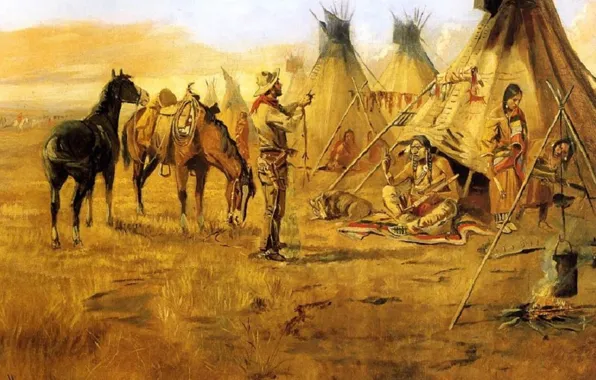 Picture picture, painting, painting, Cowboy bargaining for an indian girl wild