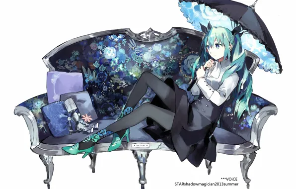 Girl, umbrella, sofa, the inscription, hair, robot, skirt, pillow