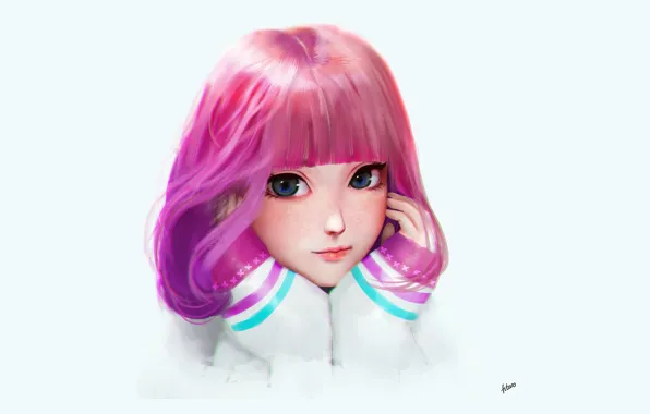 Look, face, hands, art, blue background, bangs, pink hair, big eyes