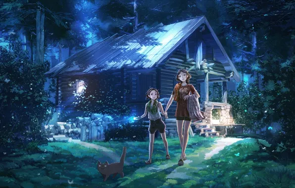 Picture forest, girl, art, girl, house