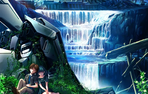 Picture girl, nature, robot, waterfall, anime, art, guy, two