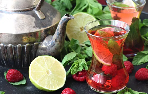 Berries, raspberry, lemon, drink, fruit, mint